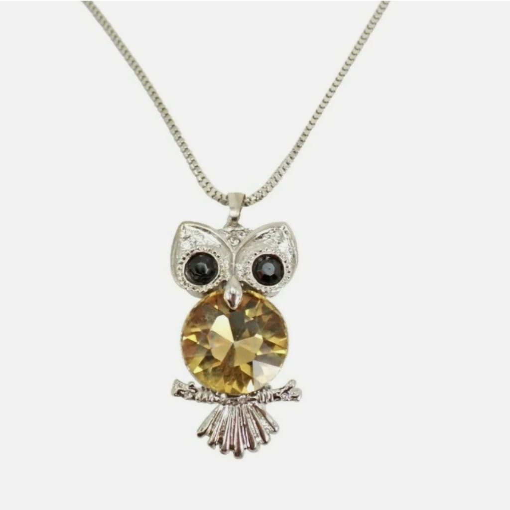Large Owl Pendant Necklace With A Round Beige Crystal Center And Black Eyes 17$